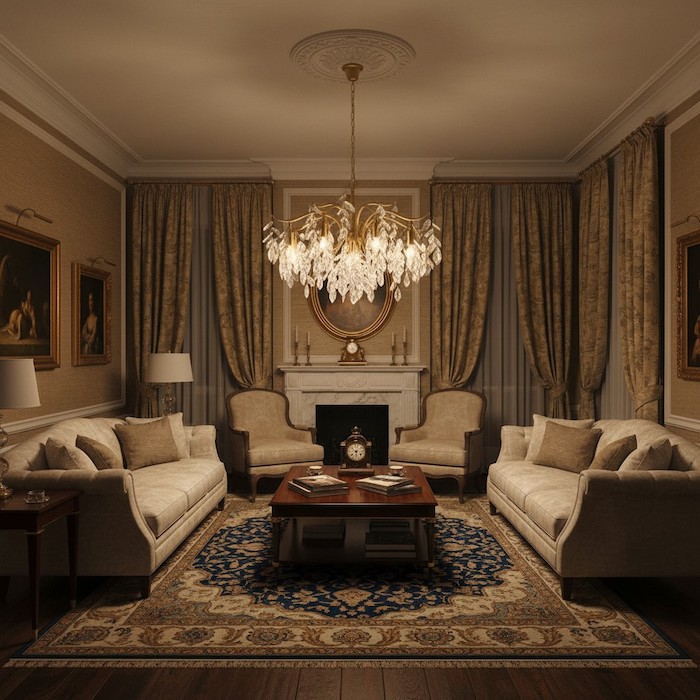 Warm evening ambiance created by a dimmed crystal chandelier in a luxury living room.