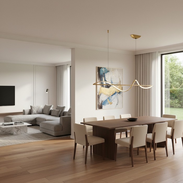 Linear lighting used to define zones in an open-concept home layout.