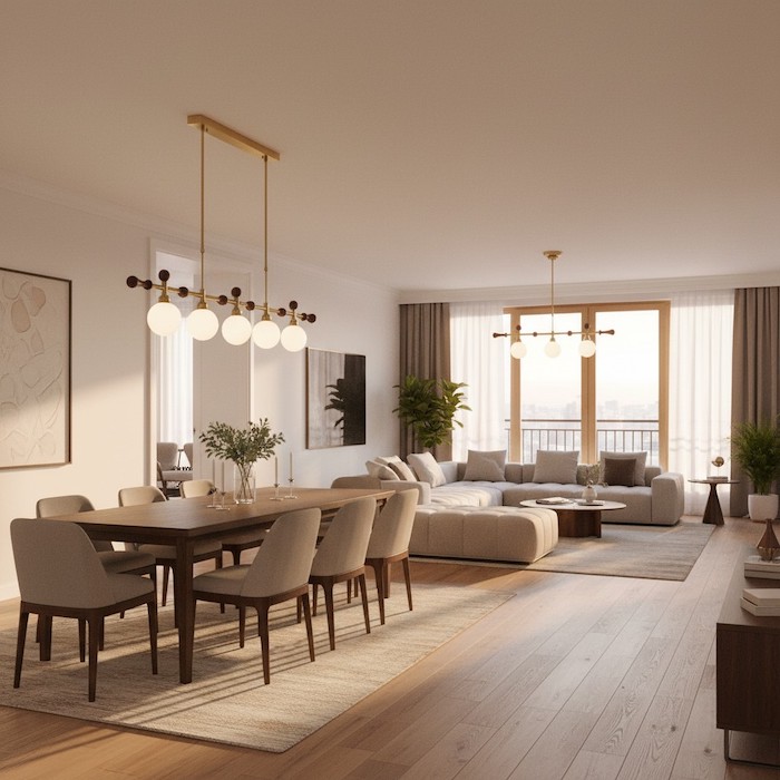 Matching linear lighting across an open-concept home floor plan.