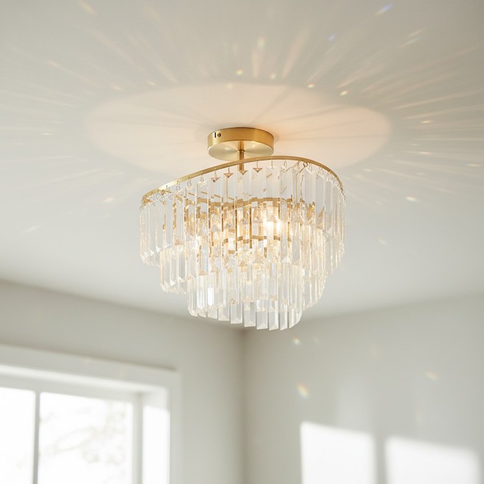 Close-up of crystal chandelier catching natural sunlight in a bright bedroom.