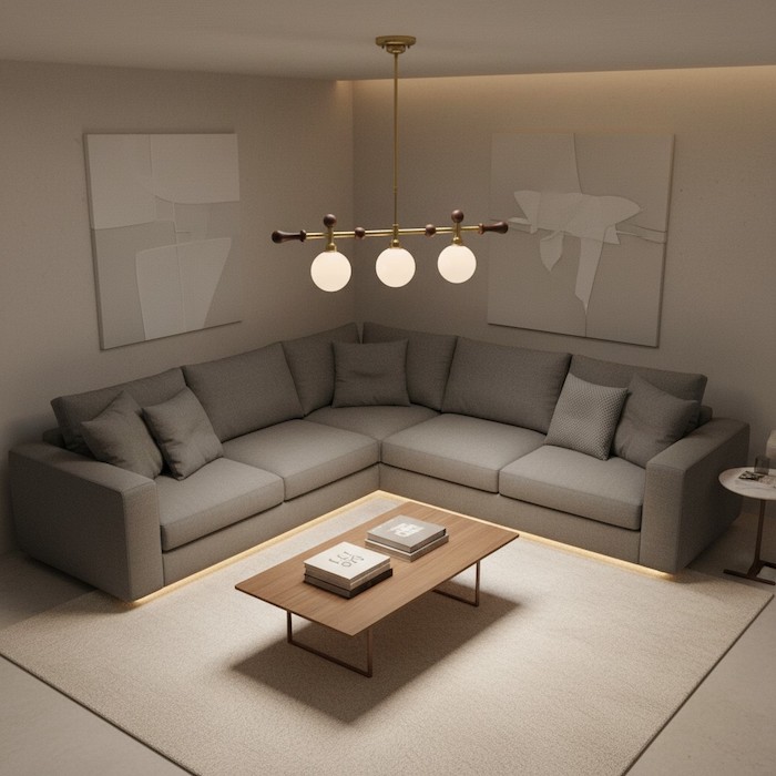 Using a linear chandelier to define a living room seating area.