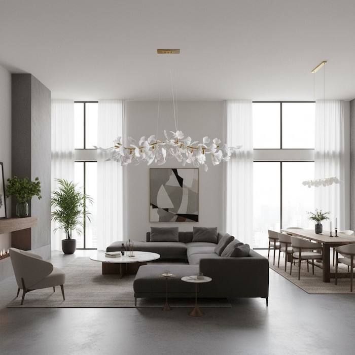 Large-scale linear light as a room focal point.
