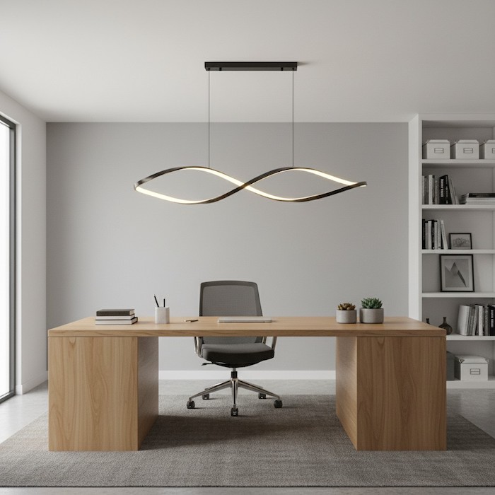 Linear pendant light providing even illumination in a modern home office.