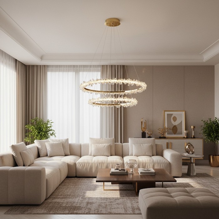 Close-up of a modern gold ring chandelier with crystals in a luxury residential setting.