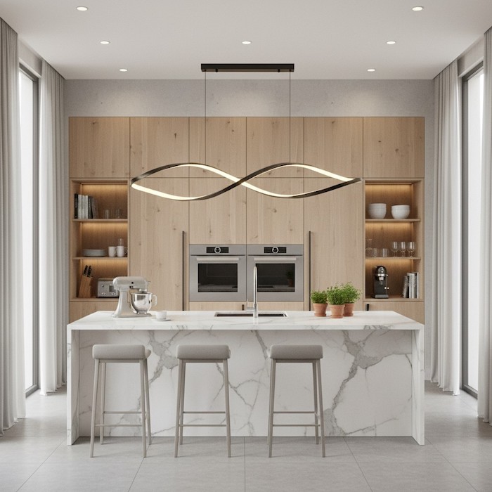 Perfect horizontal symmetry between a kitchen island and a linear pendant light.