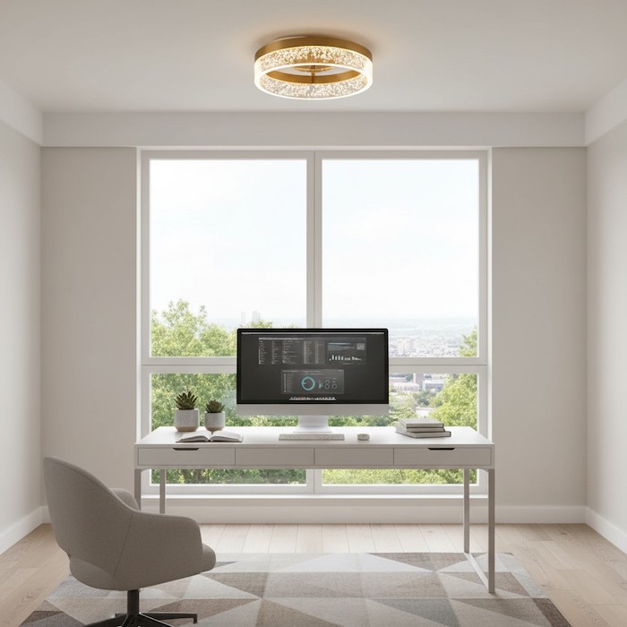 Bright home office with modern ceiling light.