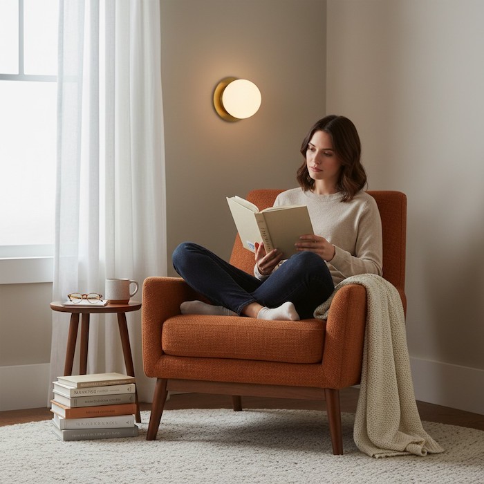 A glass wall sconce providing perfect light for a bedroom reading nook.