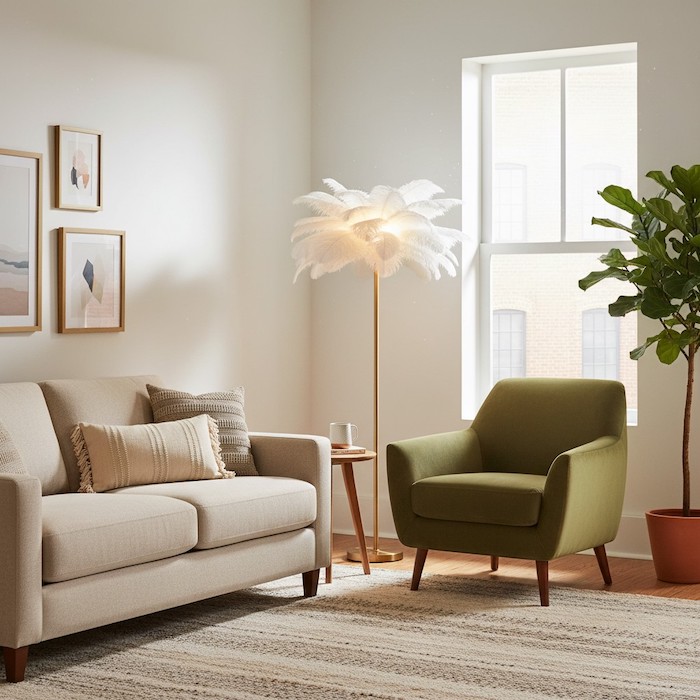 A slim floor lamp adding vertical height to a small living room layout.