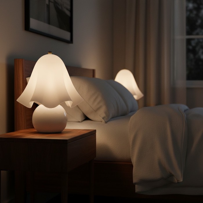 Warm ambient lighting from the Elia glass lamp in a cozy master bedroom.
