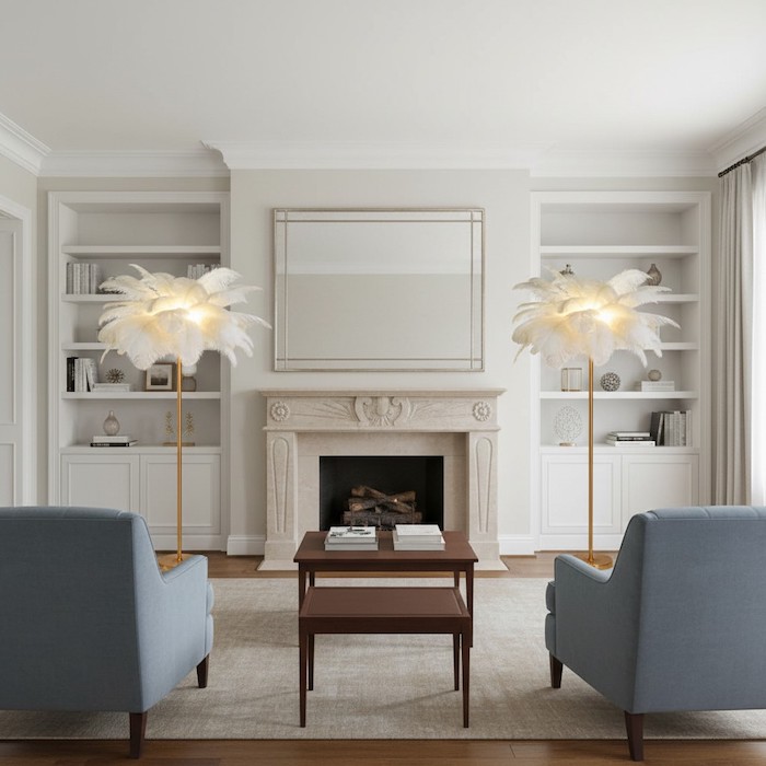 Symmetrical floor lamps framing a fireplace for a formal living room look.