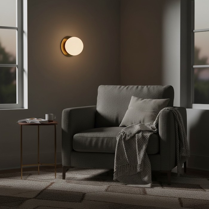 Soft evening ambiance created by a single wall-mounted globe lamp.