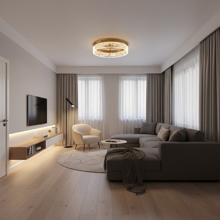 Layered lighting setup in a small living room.
