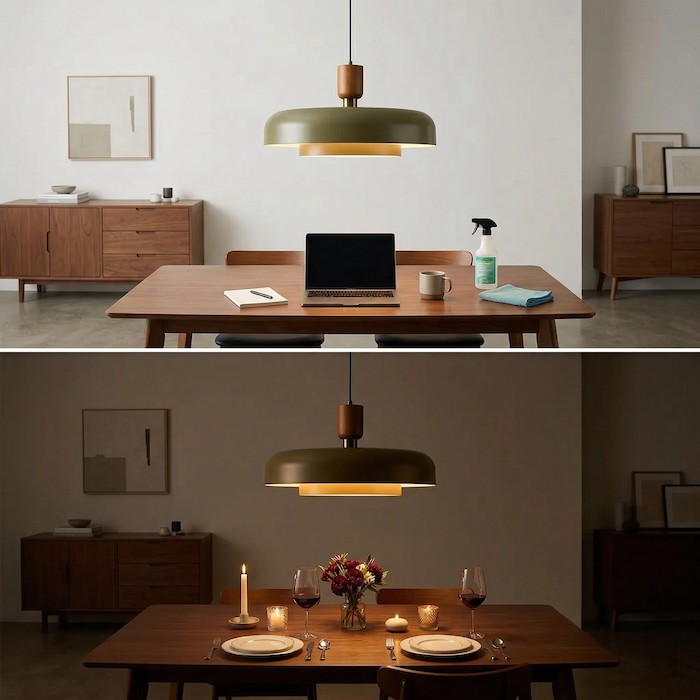 Comparison of bright and dimmed lighting for different dining moods.