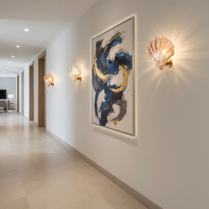 Modern hallway featuring creative shell glass sconces as art pieces.