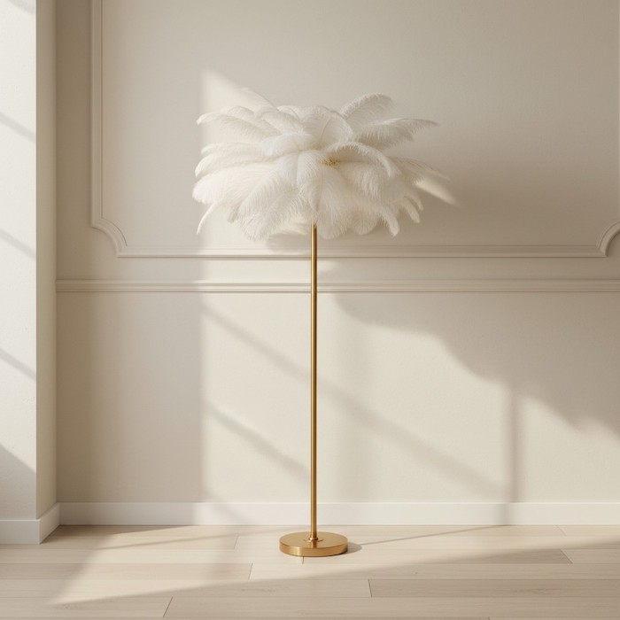 The elegant silhouette of a modern floor lamp against a bedroom wall.