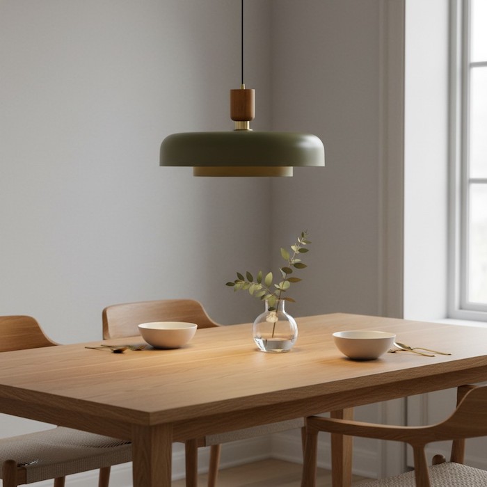 Cohesive design linking wooden furniture with wood-accented lighting.