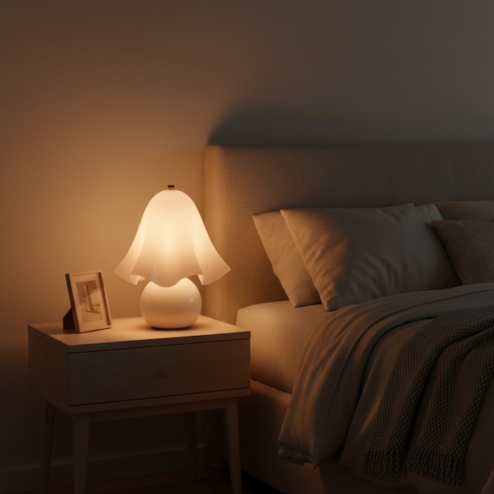 Warm amber glow of the Elia sculptural lamp used as a bedside light.