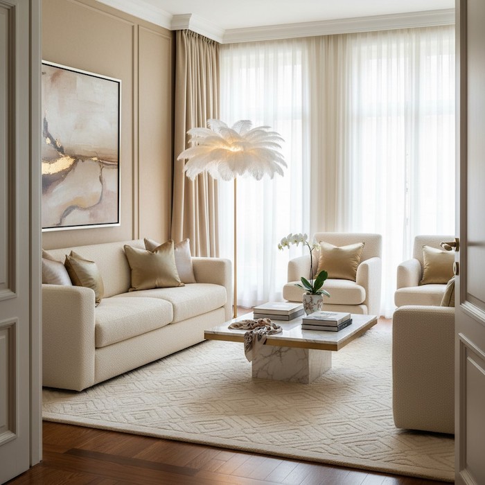 A view of a designer floor lamp placed as a focal point in a living room corner.