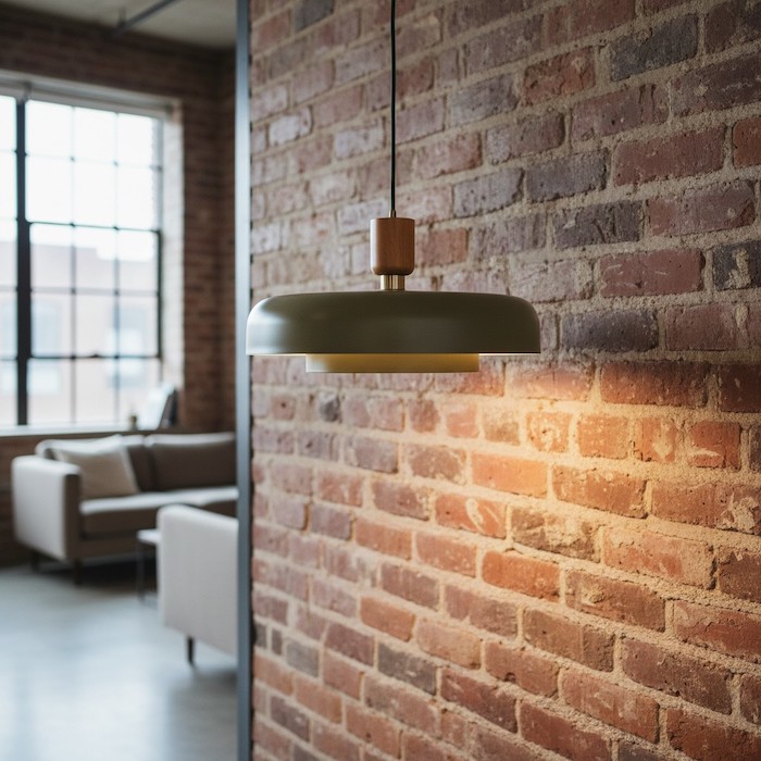 Smooth metal lighting contrasted against a rough exposed brick wall.