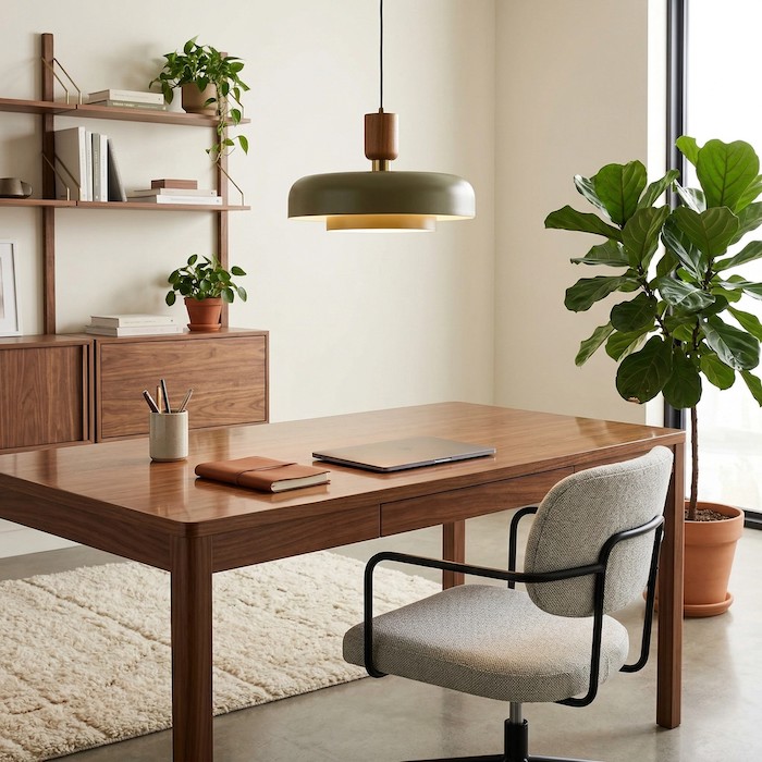 Balancing hard and soft interior textures with matte metal lighting.