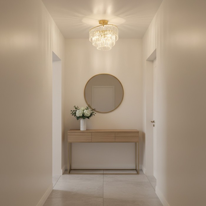 Small apartment entryway illuminated by an elegant crystal chandelier.
