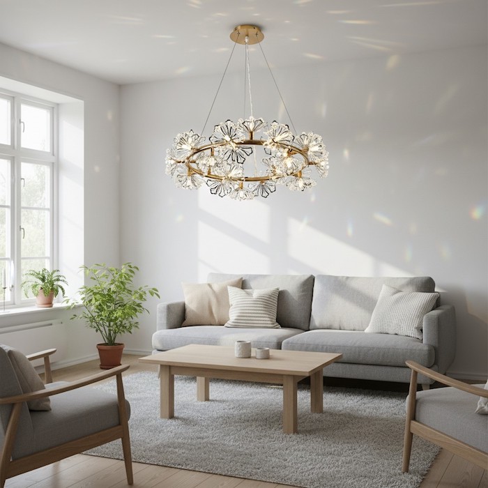 Natural light refracting through crystals during the day in a bright room.