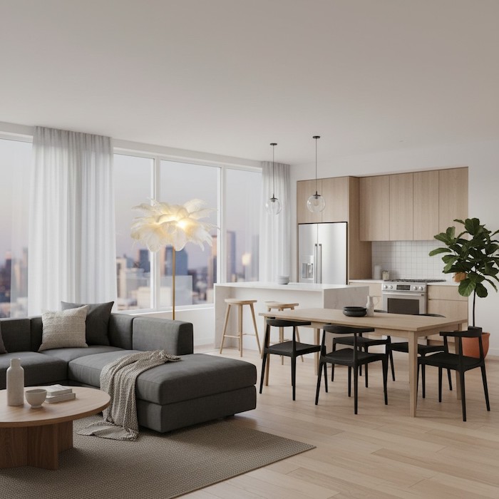 Using a floor lamp to create zones in an open-concept living space.