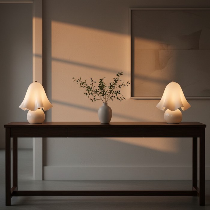 Symmetrical styling of two Elia glass lamps on a dining room sideboard.