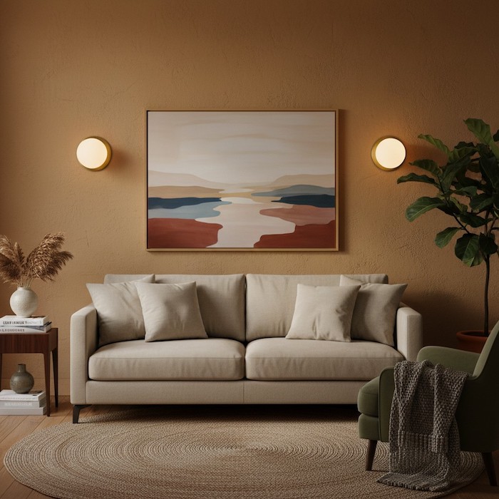 Wall sconces framing a painting to create depth in a living room.