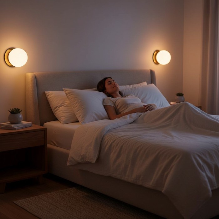 Warm golden glow of wall sconces creating a relaxing bedtime environment.