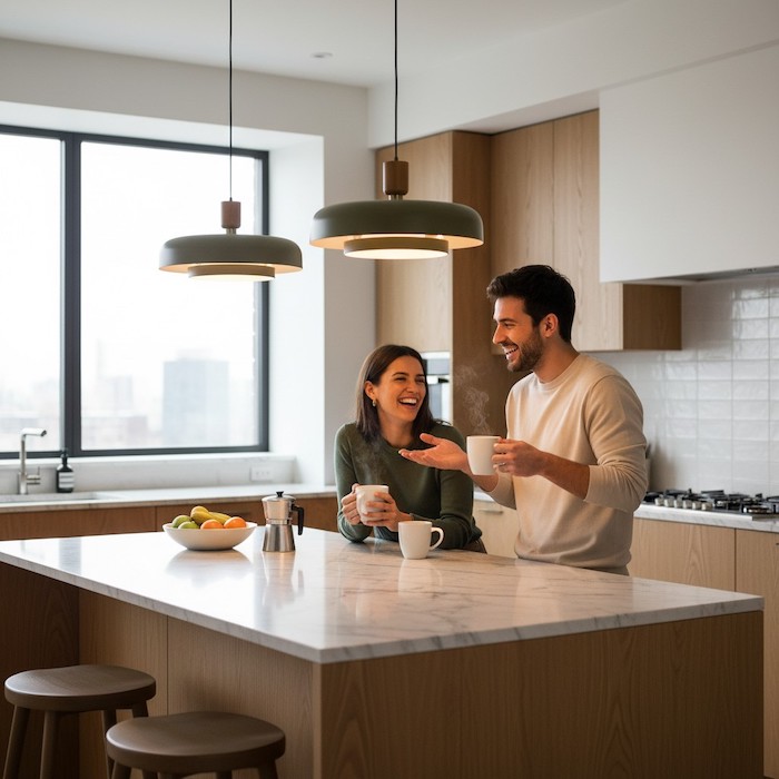 A social kitchen atmosphere created by warm pendant lighting.