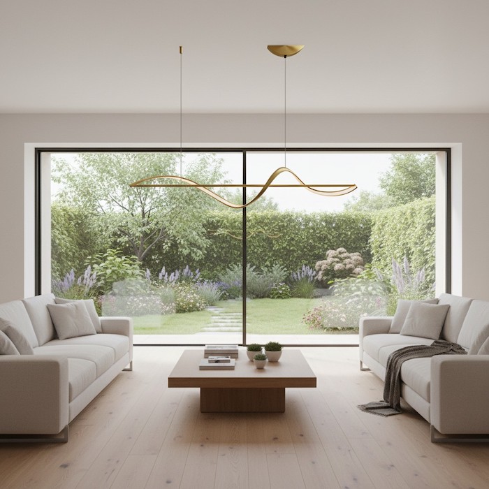 Minimalist linear lighting that doesn't obstruct a beautiful kitchen window view.