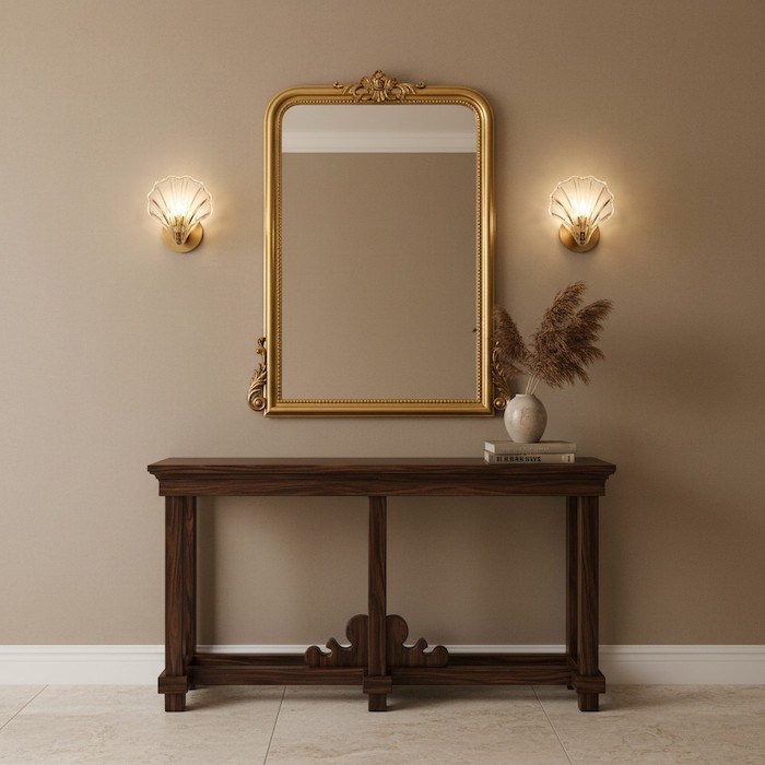 Entryway decor featuring shell glass sconces and a large mirror.