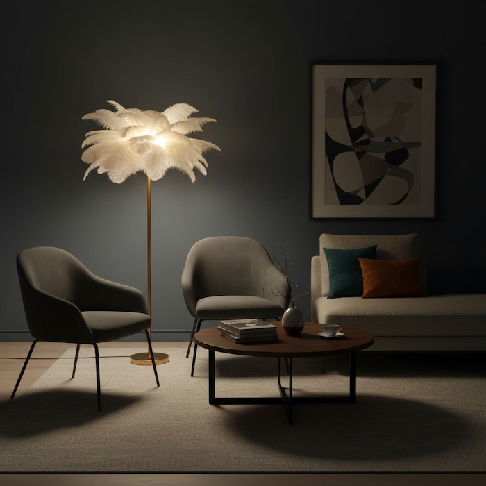 The soft, atmospheric glow of a statement lamp during an evening gathering.