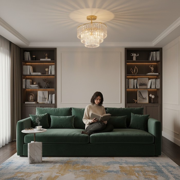 Relaxing atmosphere in a luxury apartment with soft crystal lighting.