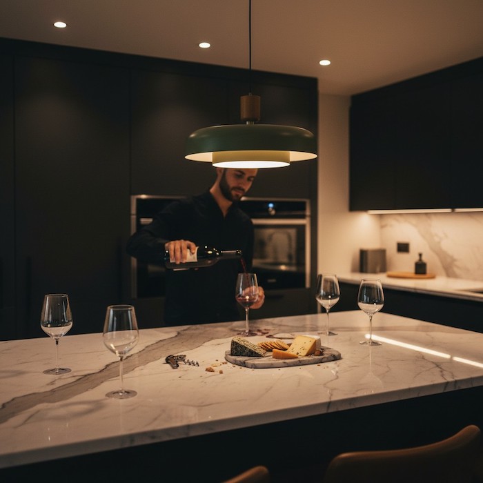 A stylish pendant light with metal and wood accents in a luxury kitchen.