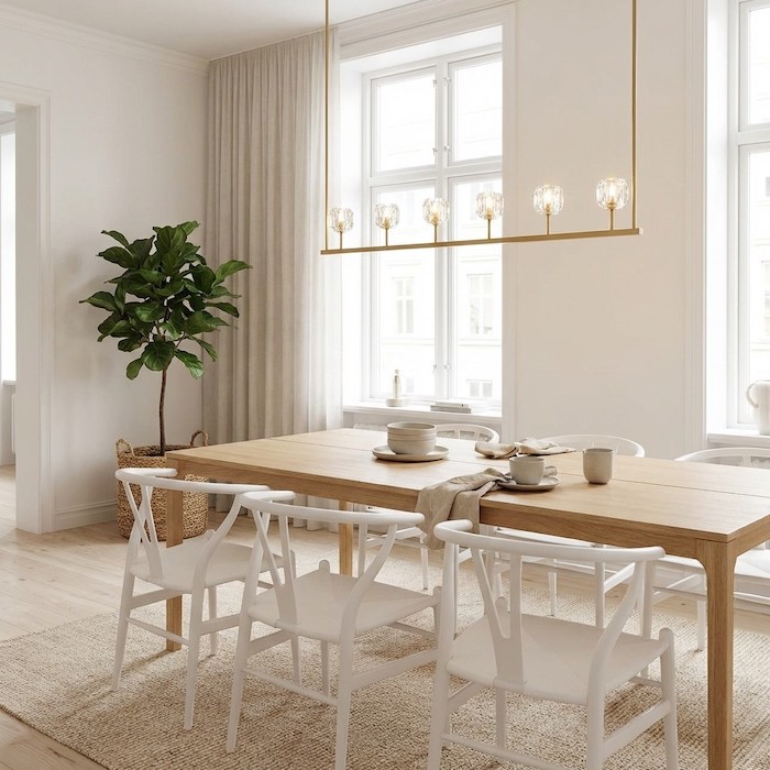 Scandinavian dining room design featuring a linear lighting fixture over a light wood table.