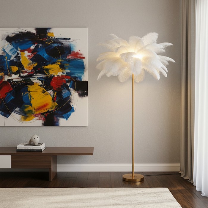 A designer floor lamp paired with abstract art to create a visual centerpiece.