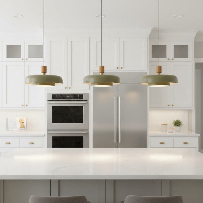 Three modern pendant lights perfectly spaced over a long kitchen island.