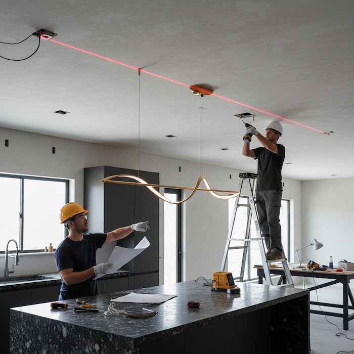 Using a laser level to align a linear chandelier with a kitchen island.
