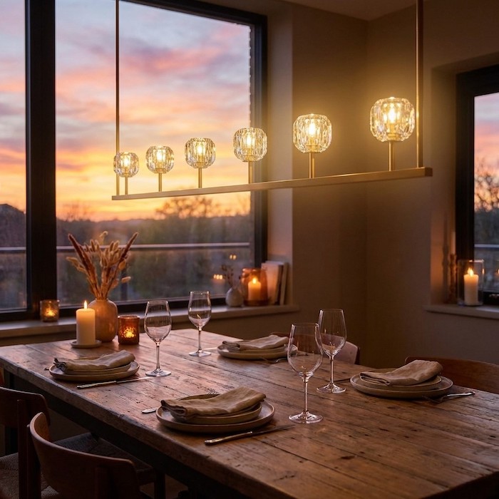 Warm emotional lighting effect from a crystal chandelier in a cozy dining space.