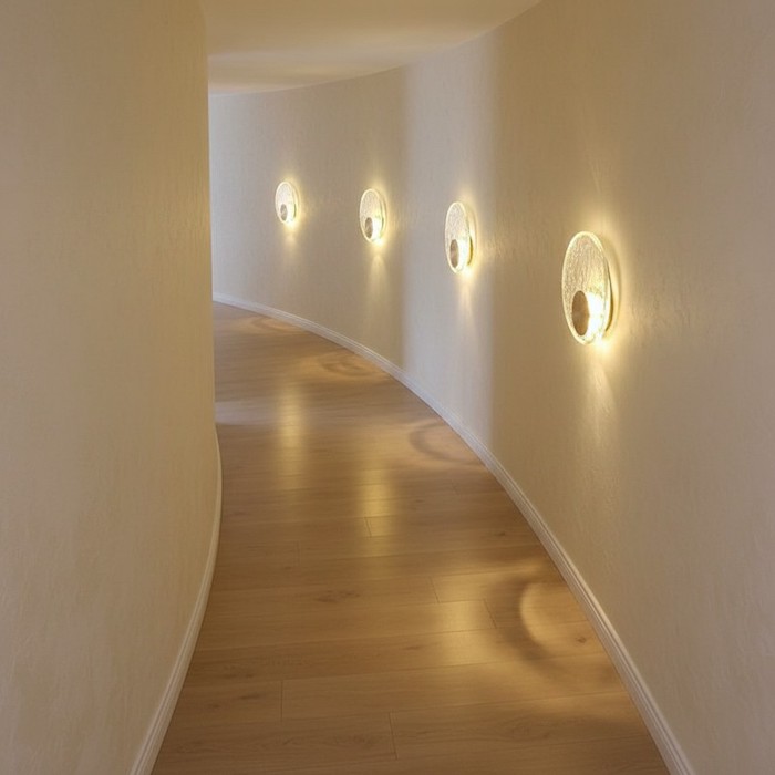 Multiple gold wall lamps installed in a hallway to create architectural rhythm.