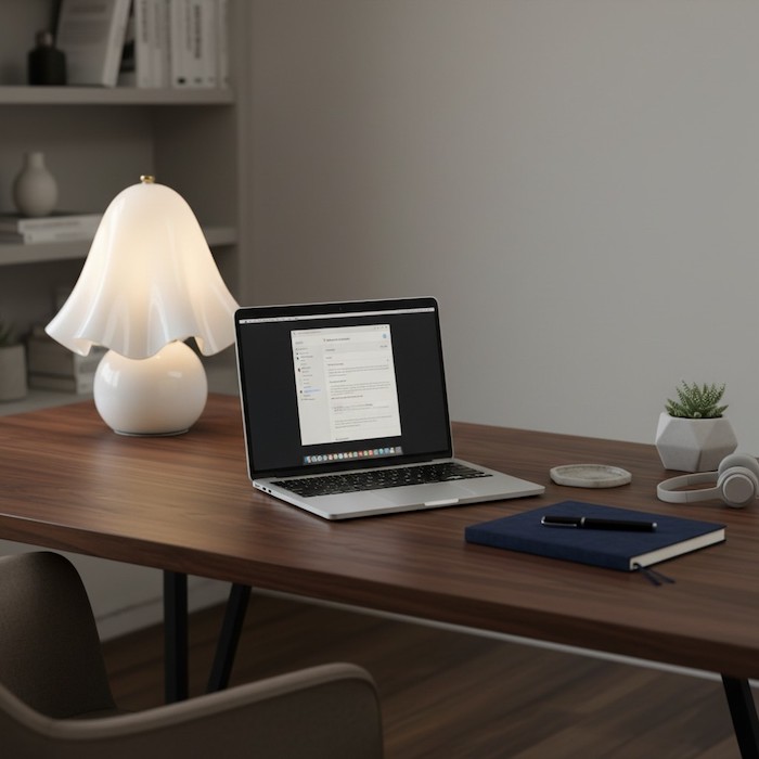 Elia glass table lamp styled on a luxury home office desk.
