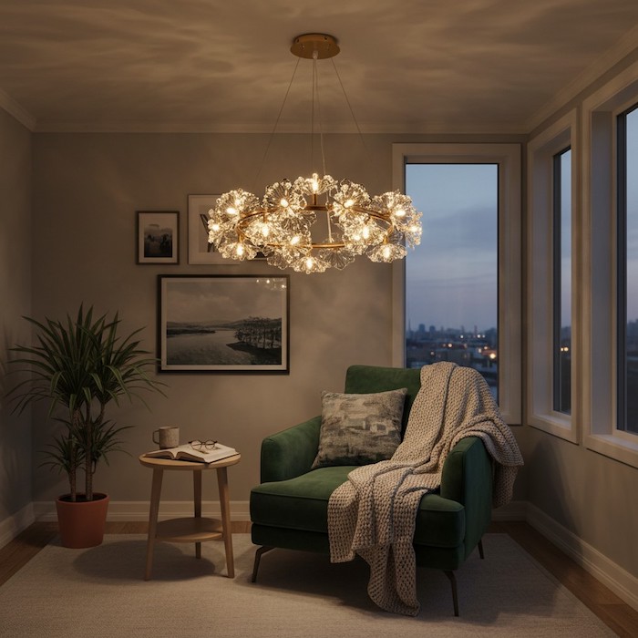 Warm evening ambiance in a cozy Nordic seating area with crystal lighting.