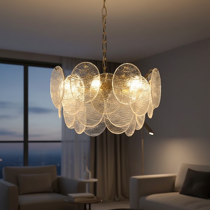 The soft glow and shadow patterns created by a wave-disc chandelier.