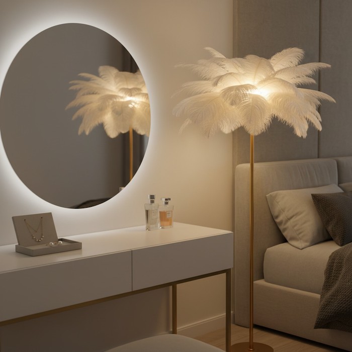 A floor lamp providing soft ambient light for a bedroom vanity.