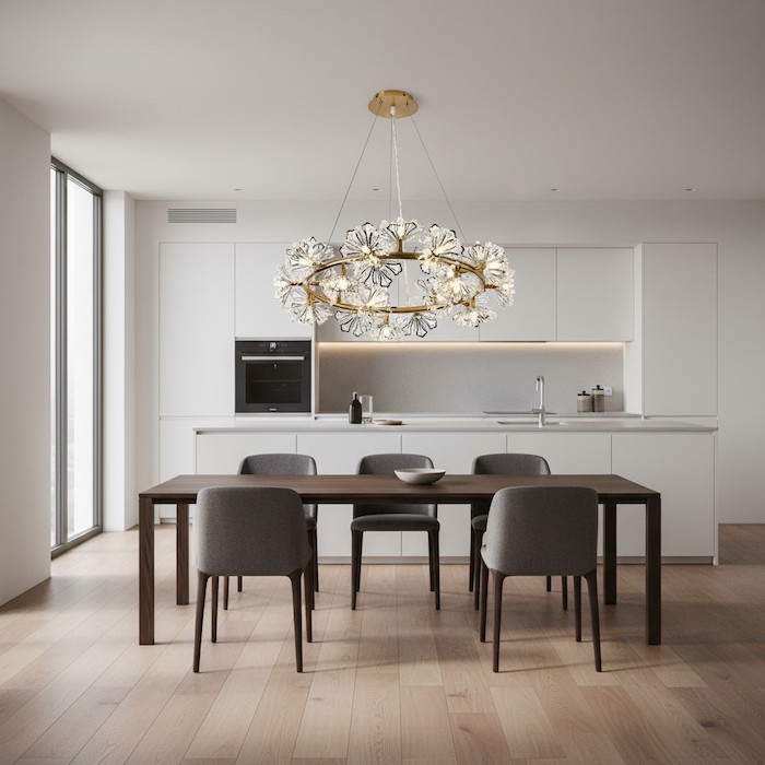 Open-plan apartment using a chandelier to define the dining zone.