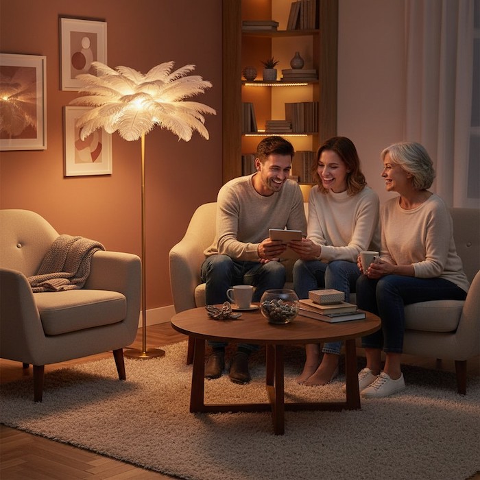 Intimate mood lighting for a conversation area in a living room.