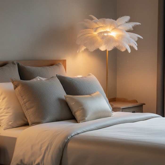 Soft lighting enhancing the texture of linen bedding in a bedroom.