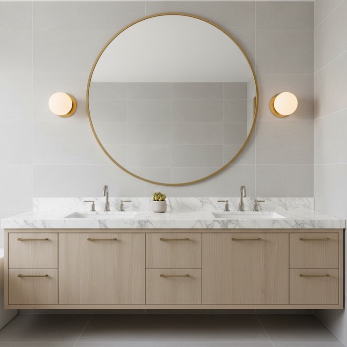 Proper placement of globe wall sconces beside a bathroom mirror.